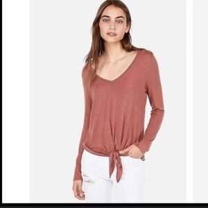 Express One Eleven V-Neck Tie Front Easy Long Sleeve Lightweight Shirt Normcore